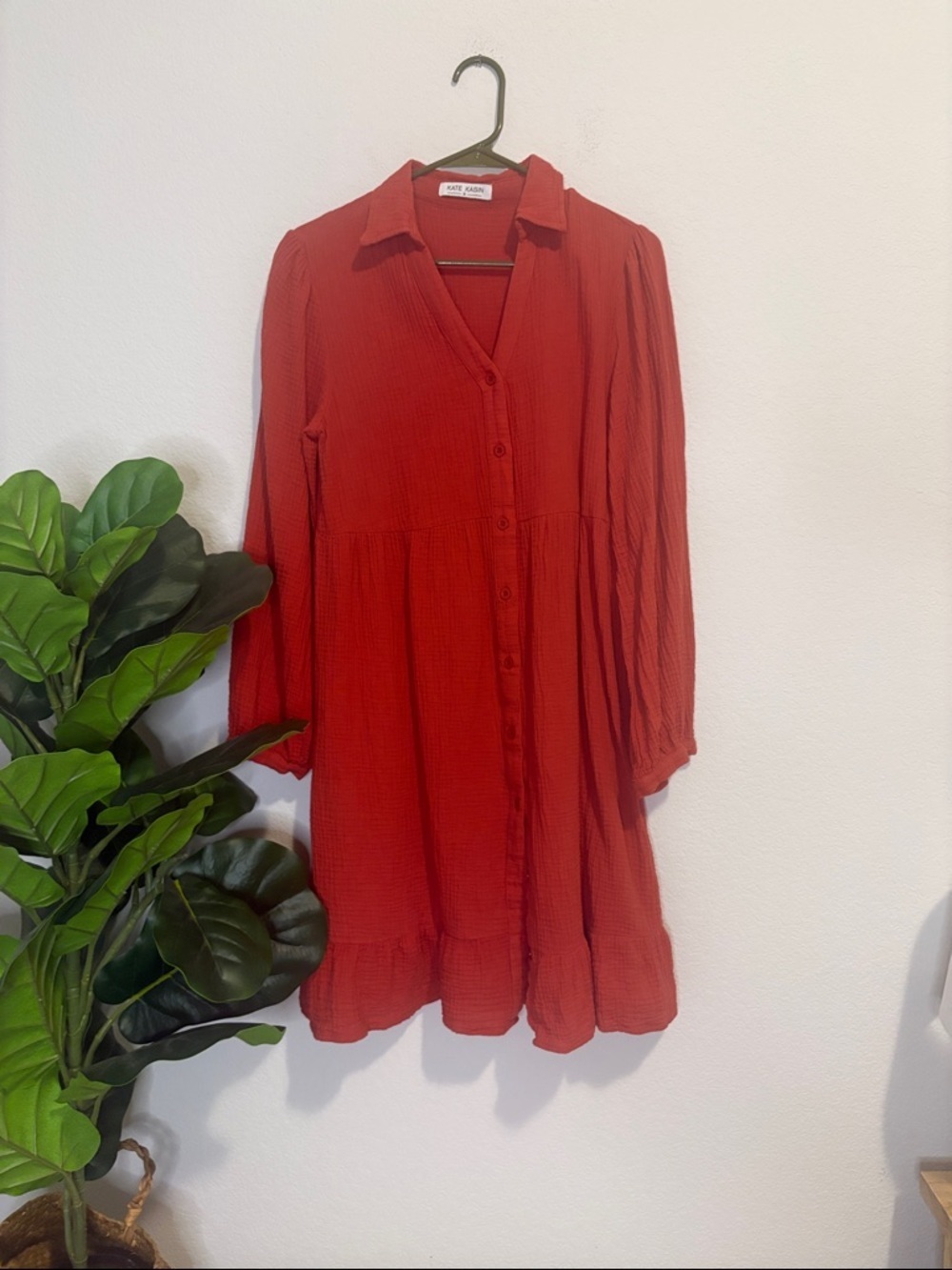 KATE KASIN burnt red Button-Front Long Sleeve crepe cotton Dress